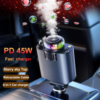 Retractable 5 in 1 car charger with Roof Galaxy Light & Atomizer